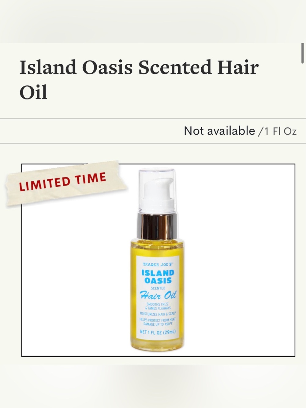 Trader Joe's Island Oasis Scented Hair Oil - Yellow